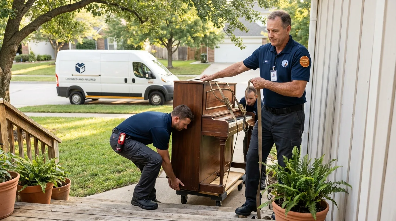 Licensed piano movers securing grand piano in Nocatee, FL