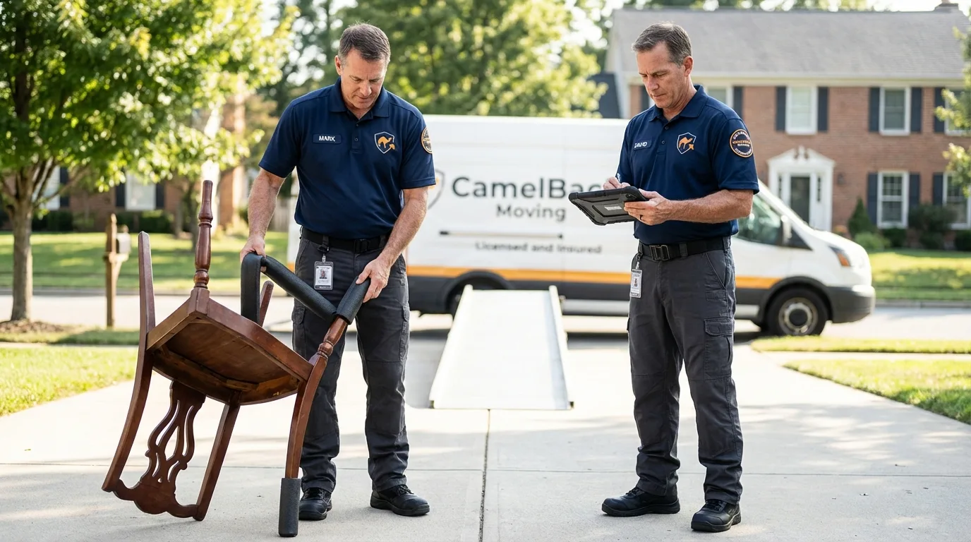 Movers inspecting furniture for damage prevention before loading in Nocatee, FL